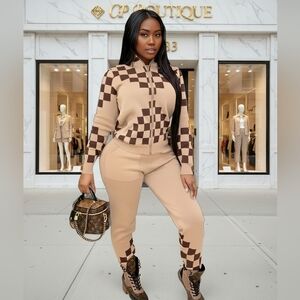 Checkered Beige and Brown Women's Two-piece Set